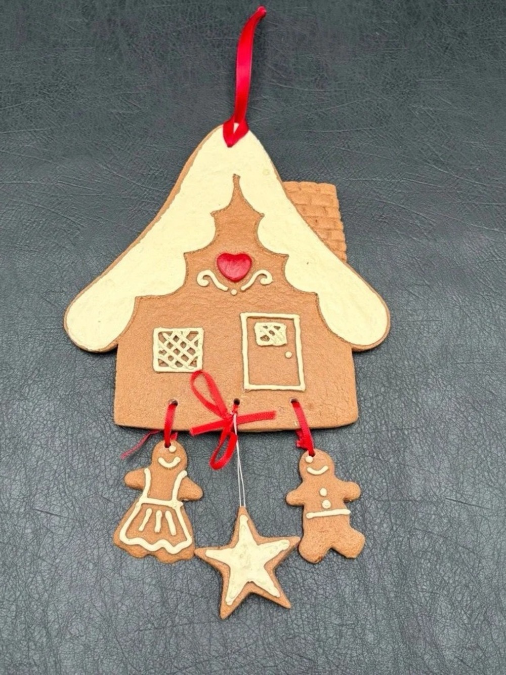 Gingerbread House Hanging Ornament with Red Ribbon